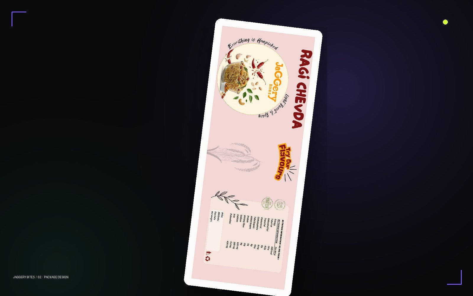 Jaggery Bites Ragi Chevda package label design with product photography and nutrition panel