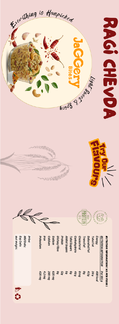 Ragi Chevda product package label design with product photography, ingredients and nutrition facts panel