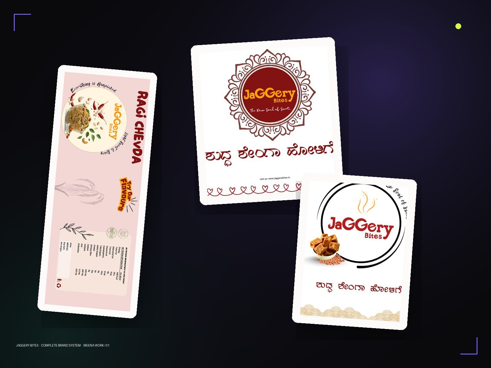 Jaggery Bites brand system — package label, mandala signage and logo lockup presented as a studio flat-lay